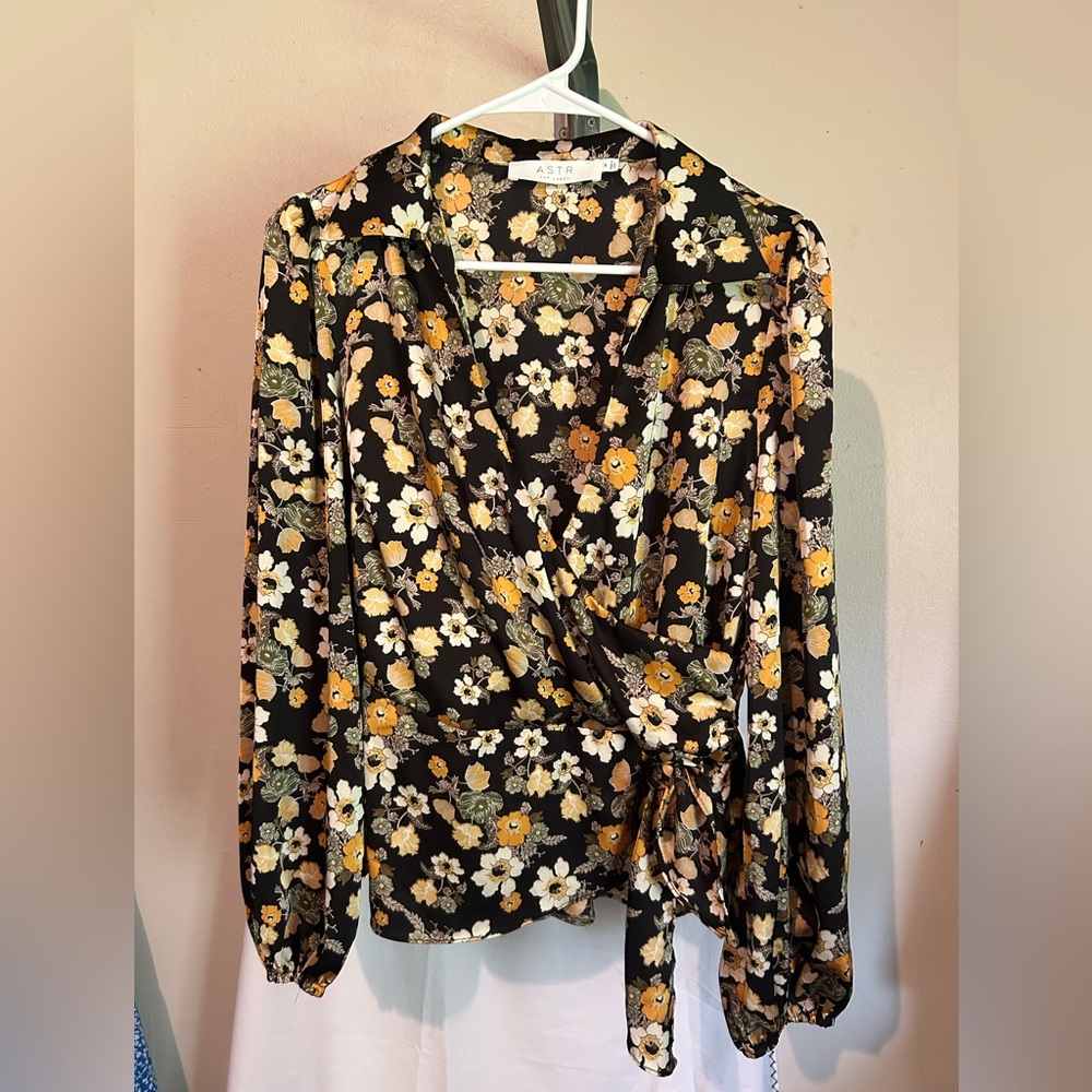 Astr Black and Yellow Floral Side Drape Wrap Blouse with Notched Collar